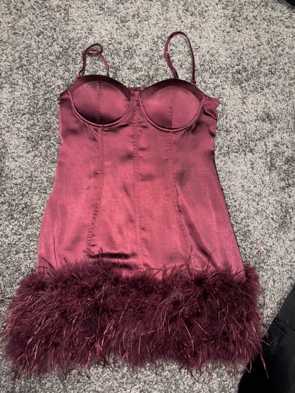 Burgundy Satin Feather Hem Slip Dress